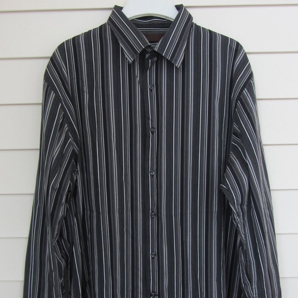 Perry Ellis Striped Black Gray 17 Neck 35/36 Sleeve Oxford Shirt